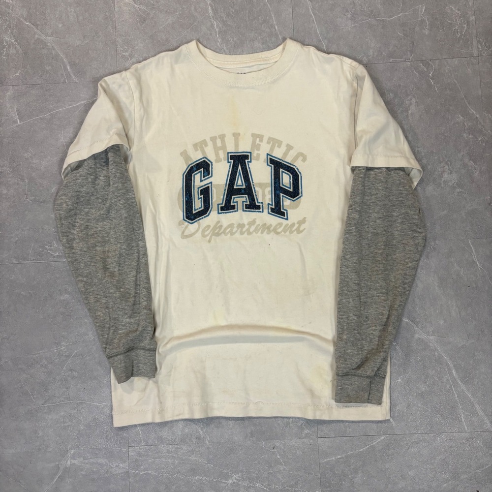 Gap Kids XL 12 Cream Grey Layered Look Long Sleeve Athletic Graphic Tee 4107